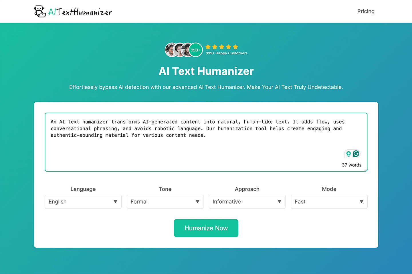 AI Text Humanizer application interface and features