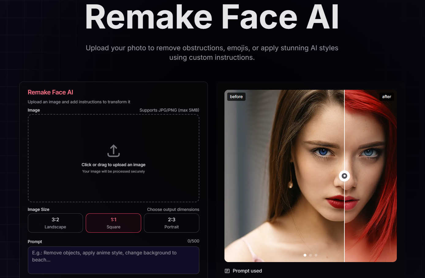 Remake Face AI application interface and features
