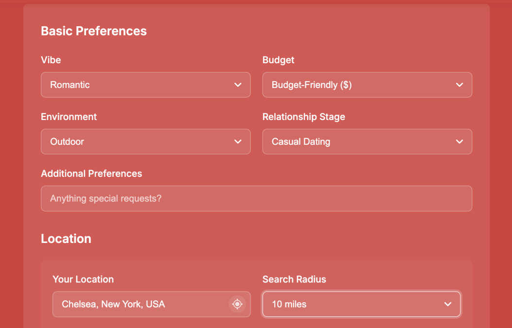 Date Idea Generator application interface and features