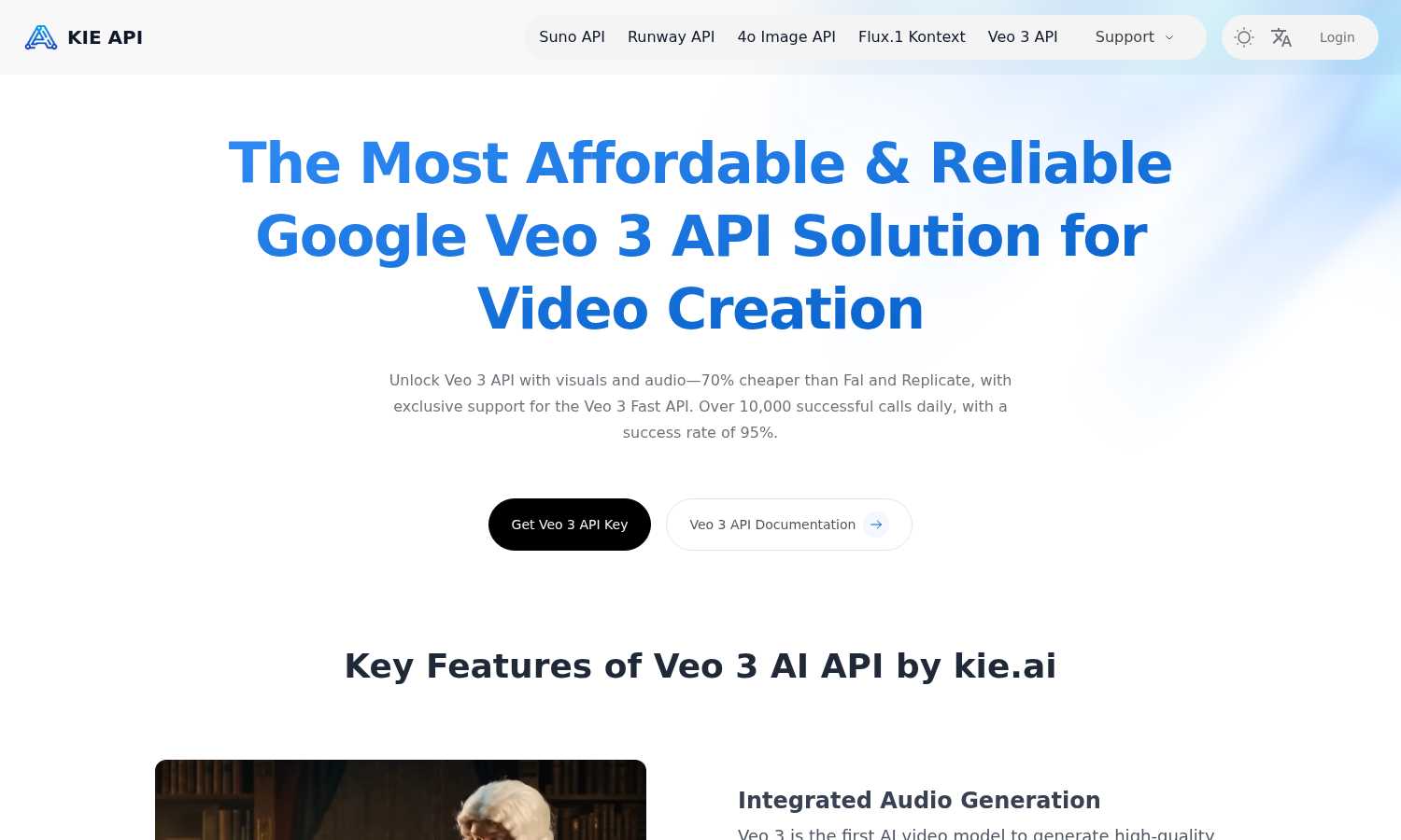 Kie.ai: Most Affordable & Stable Veo 3 API with Synced Audio application interface and features