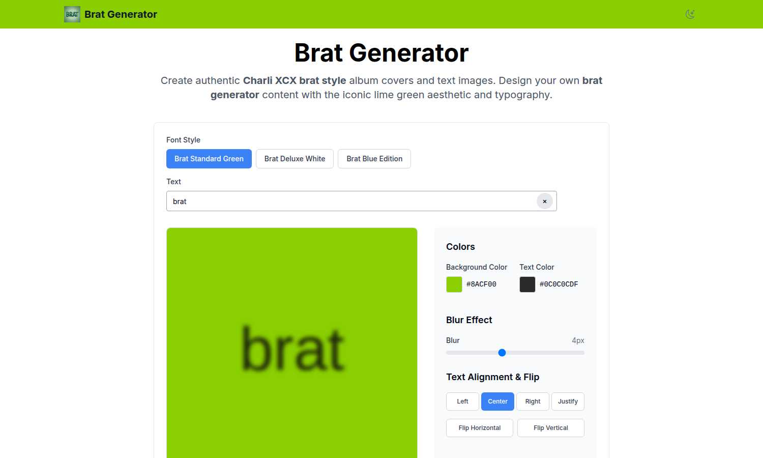 Brat Generator application interface and features