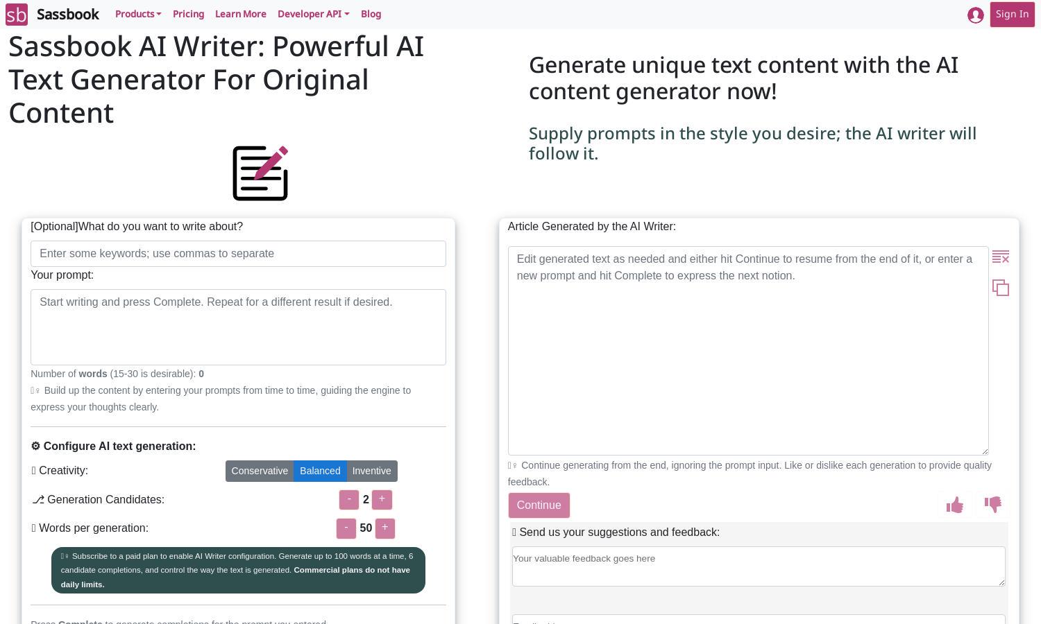 Sassbook AI Writer Website